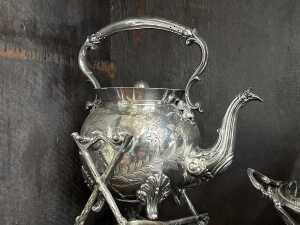 Pair of antique silver-plated spirit kettles and chafing dish with internal dishes and ivory knob - 3