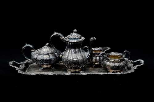 Antique silver plated tea service and tray