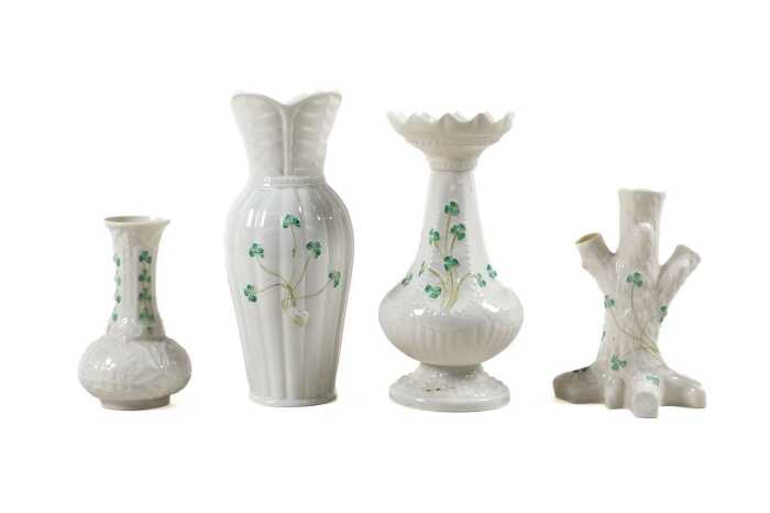 Four Belleek Shamrock porcelain vases