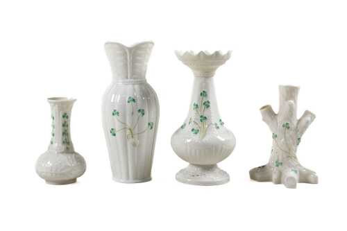 Four Belleek Shamrock porcelain vases