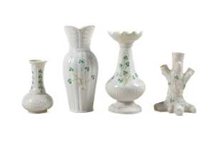 Four Belleek Shamrock porcelain vases