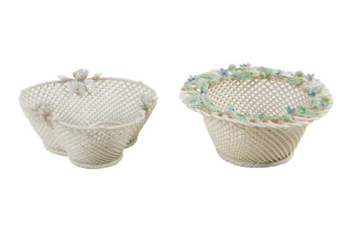 Two Belleek porcelain round rod baskets with applied flowers