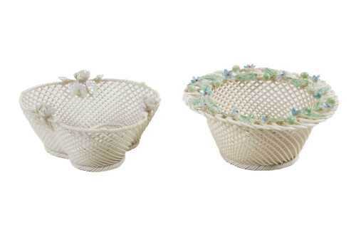 Two Belleek porcelain round rod baskets with applied flowers