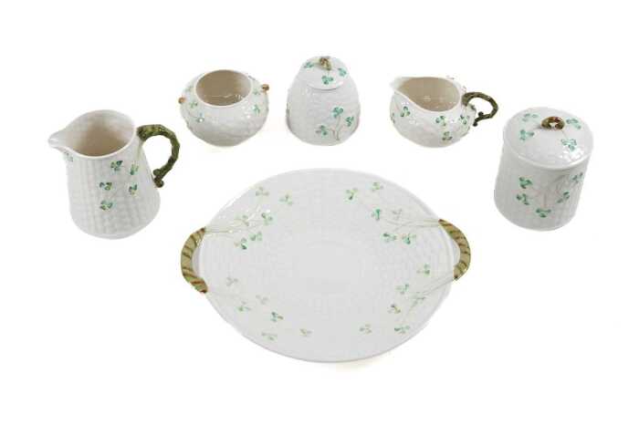 Six Belleek Shamrock porcelain pieces