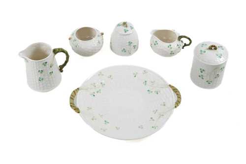 Six Belleek Shamrock porcelain pieces