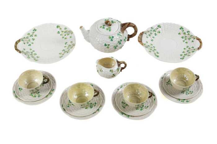Belleek 'Shamrock ware' porcelain tea setting for four
