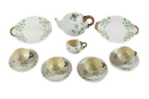 Belleek 'Shamrock ware' porcelain tea setting for four