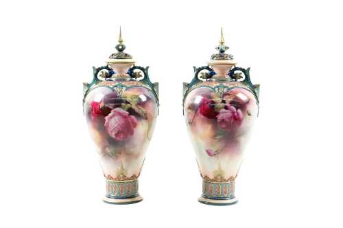 Pair of Edwardian Royal Worcester Hadley Ware porcelain urns decorated by C.V. White