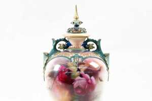 Pair of Edwardian Royal Worcester Hadley Ware porcelain urns decorated by C.V. White - 2