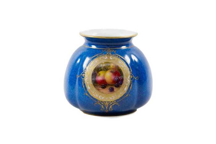 Royal Worcester porcelain vase with hand painted fruit to cartouche