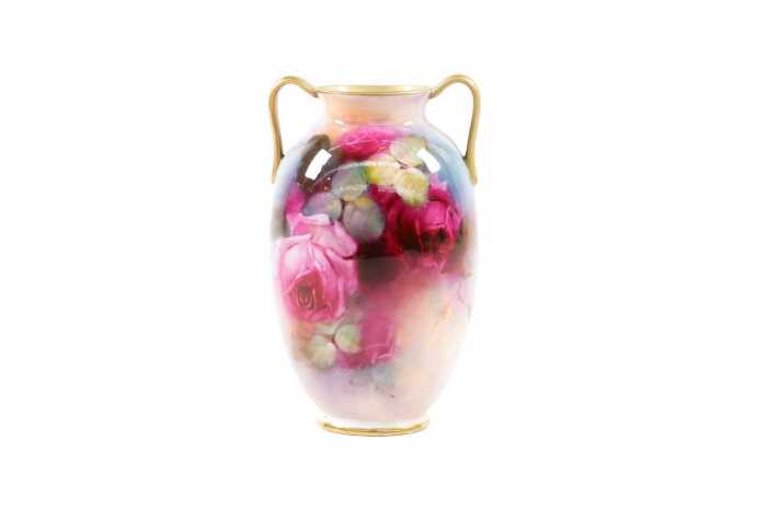 Antique Royal Doulton twin handled porcelain vase decorated by C.V. White