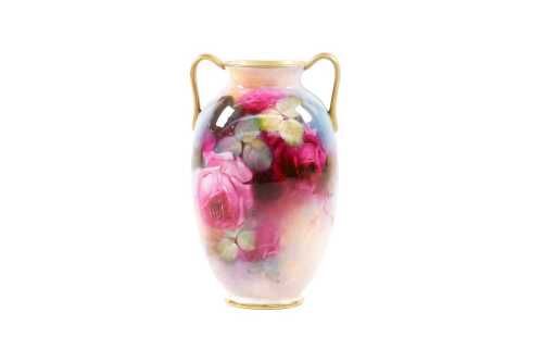 Antique Royal Doulton twin handled porcelain vase decorated by C.V. White