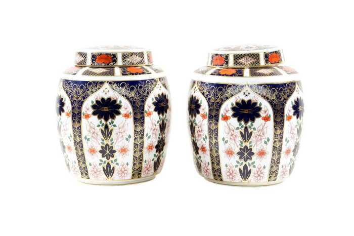 Pair of Royal Crown Derby Imari porcelain ginger jars