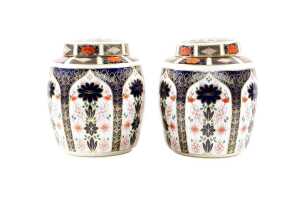 Pair of Royal Crown Derby Imari porcelain ginger jars