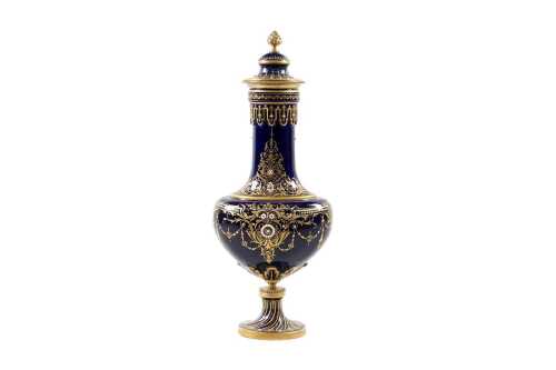 Antique S&egrave;vres style gilt metal mounted porcelain urn