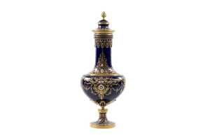 Antique S&egrave;vres style gilt metal mounted porcelain urn