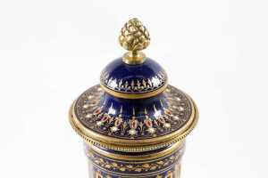 Antique S&egrave;vres style gilt metal mounted porcelain urn - 4