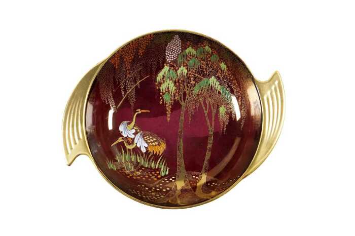 Carlton Ware 'New Storks' Rouge Royale hand-painted and gilded ceramic bowl