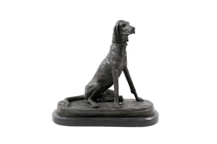 After Auguste Nicholas Cain, basset hound. Cast bronze figure on marble base