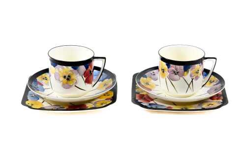 Pair of Royal Doulton 'Pansy' Art Deco porcelain trios