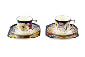 Pair of Royal Doulton 'Pansy' Art Deco porcelain trios