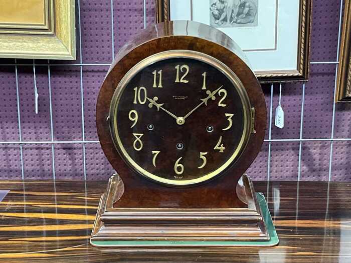 Antique burr walnut drum head mantel clock