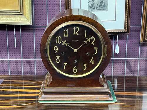 Antique burr walnut drum head mantel clock