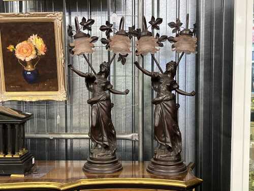 Pair of Art Nouveau style cast metal figural table lamps