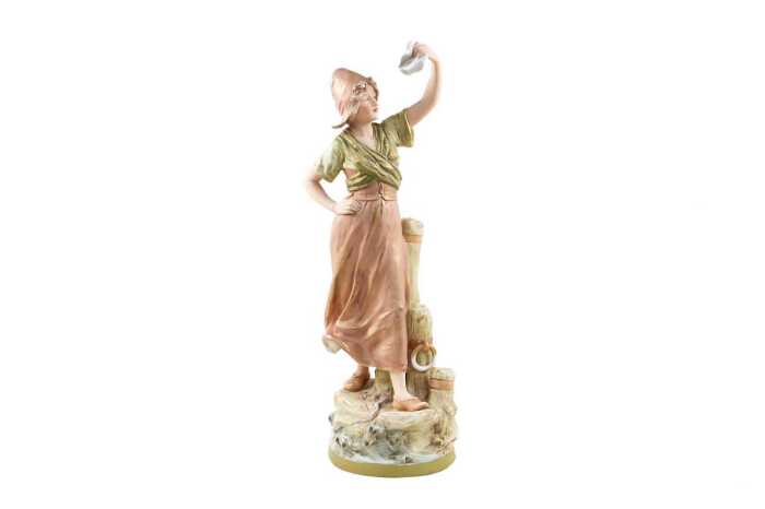 Royal Dux bisque porcelain maiden with handkerchief figure