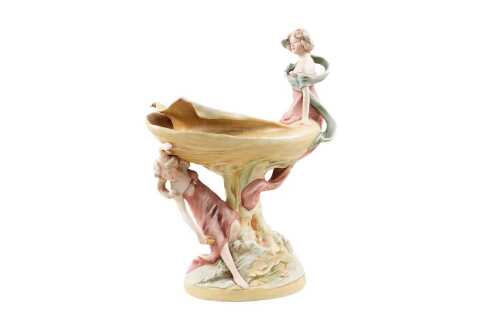 Royal Dux Art Nouveau bisque porcelain comport with nymphs