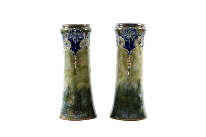 Pair of Royal Doulton Lambeth stoneware vases by Maud Bowden