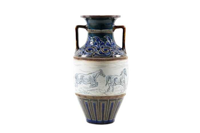 Hannah Barlow for Doulton Lambeth, twin handled pottery vase, 1886