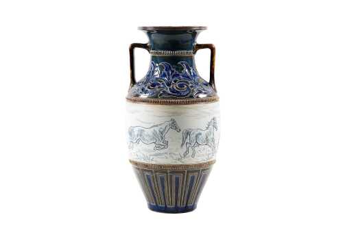 Hannah Barlow for Doulton Lambeth, twin handled pottery vase, 1886