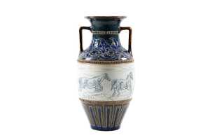 Hannah Barlow for Doulton Lambeth, twin handled pottery vase, 1886