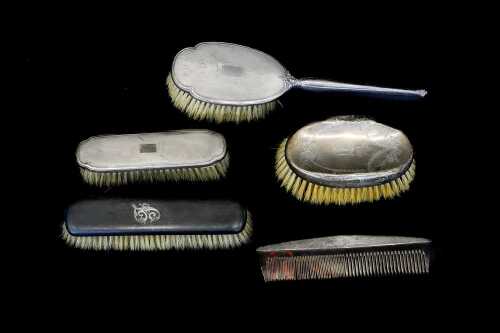 Vintage vanity brushes, most English sterling silver mounted