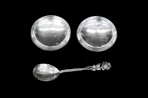 Pair of Australian sterling silver footed dishes, together with German 835 silver spoon