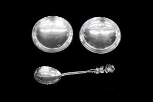 Pair of Australian sterling silver footed dishes, together with German 835 silver spoon