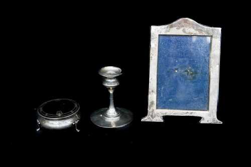 Three antique English sterling silver mounted dressing table items