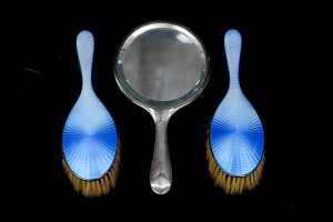 English sterling silver guilloche enamel-mounted dressing table set - 2