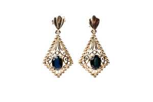 A pair of filigree sapphire drop earrings in 9 carat yellow gold