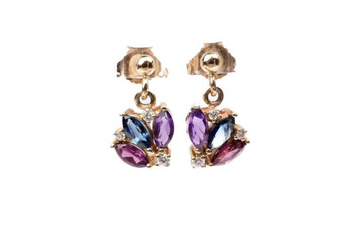 A pair of amethyst, sapphire, garnet and diamond earrings in 9 carat yellow gold