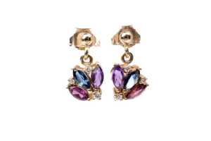 A pair of amethyst, sapphire, garnet and diamond earrings in 9 carat yellow gold