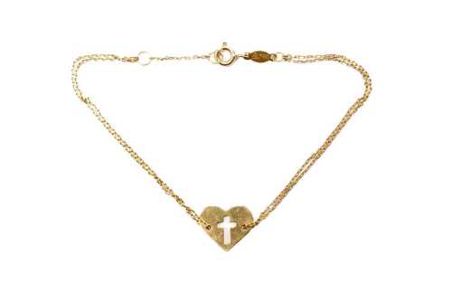 A double strand heart and cross bracelet in 18 carat yellow gold