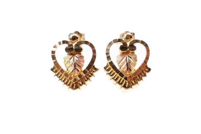 a pair of heart and leaf design earrings in 14 carat yellow gold