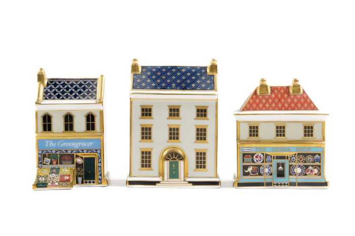 Three Royal Crown Derby porcelain miniature house figures in original boxes