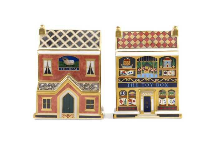 Two Royal Crown Derby porcelain miniature house figures in original boxes