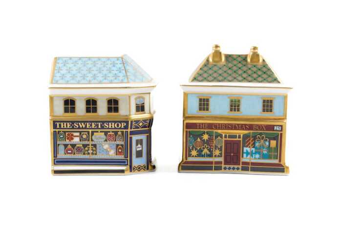 Two Royal Crown Derby porcelain miniature house figures in original boxes