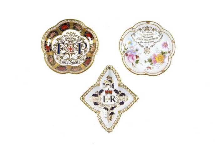 Three Royal Crown Derby Queen Elizabeth II commemorative pin dishes