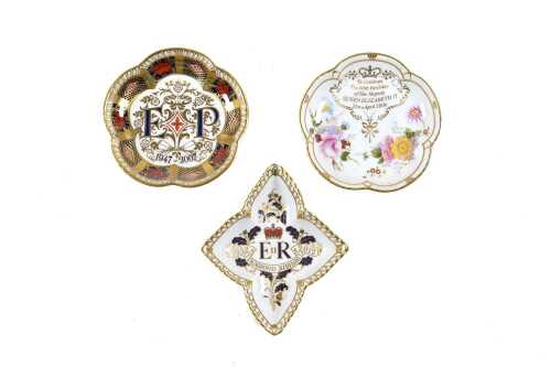 Three Royal Crown Derby Queen Elizabeth II commemorative pin dishes