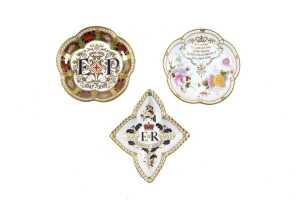 Three Royal Crown Derby Queen Elizabeth II commemorative pin dishes
